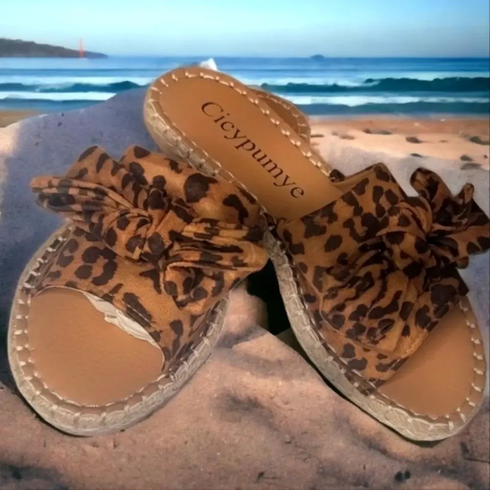 Womens Espadrille‎ Sandals Leopard Print with Bowknots - Size 6 / 7